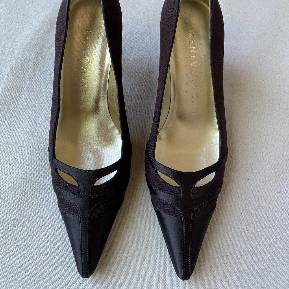 Rene Mancini New Brown Peau de Soie Pointed Toe Cutout Heels, Size 37